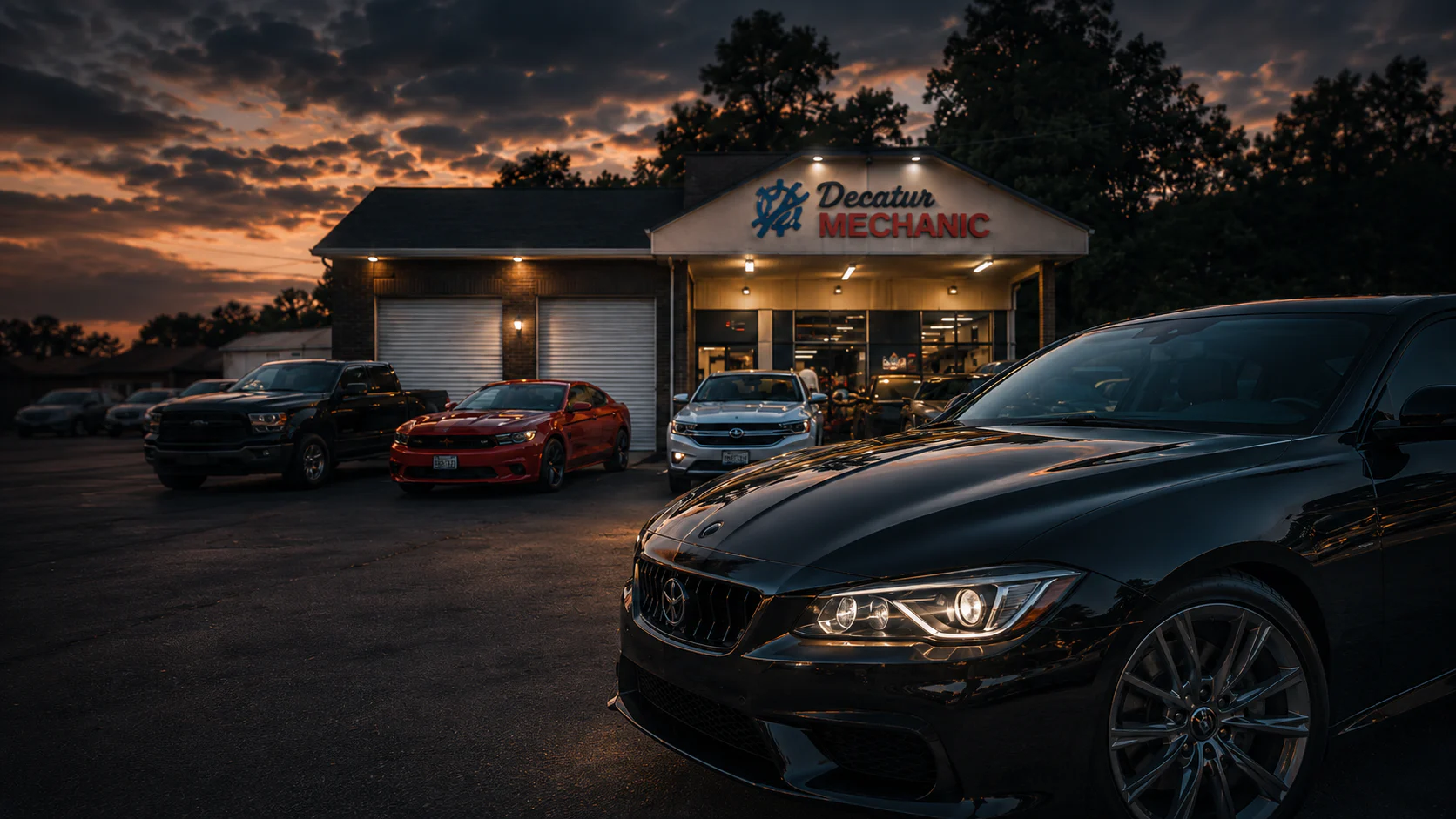 Decatur Mechanic shop and customer vehicles at dusk